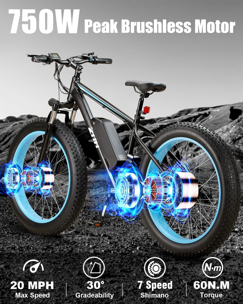 ZNH Fat Tire Electric Bikes for Adults,Peak 750W Motor Ebike,Up to 20Mph 50Miles,Adult Electric Bicycle with Peak 52V 13Ah Removable Battery,26' Electric Mountain Bike,7 Speed Front Suspension