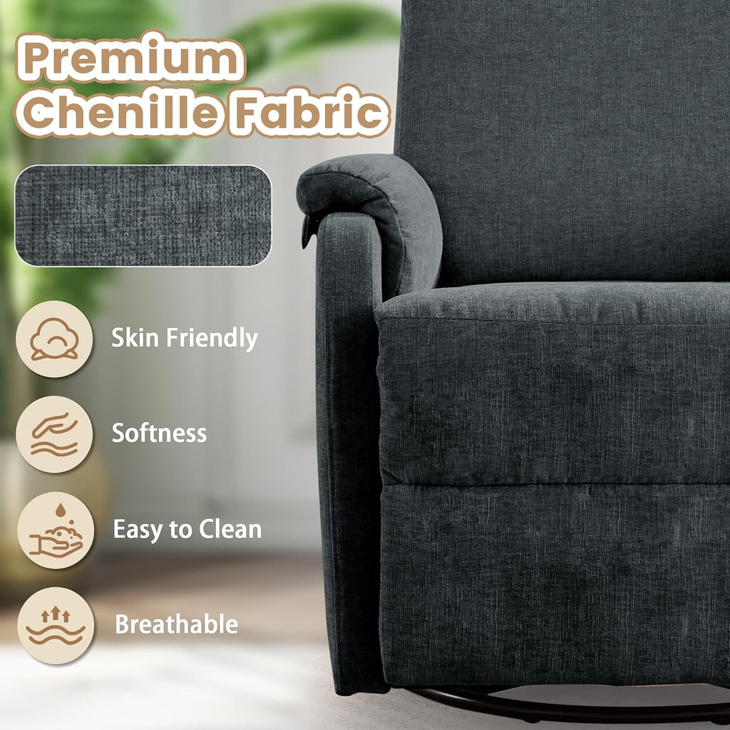 Korser Recliner Chair, Swivel Rocking Recliner Chair for Adults, Glider Rocking Chair, Small Nursery Chair Recliner for Living Room, Reclining Chair with Modern-Designed Armrests,Chenille,Darkgrey