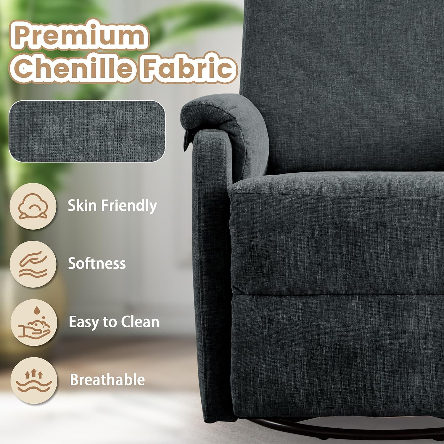 Korser Recliner Chair, Swivel Rocking Recliner Chair for Adults, Glider Rocking Chair, Small Nursery Chair Recliner for Living Room, Reclining Chair with Modern-Designed Armrests,Chenille,Darkgrey