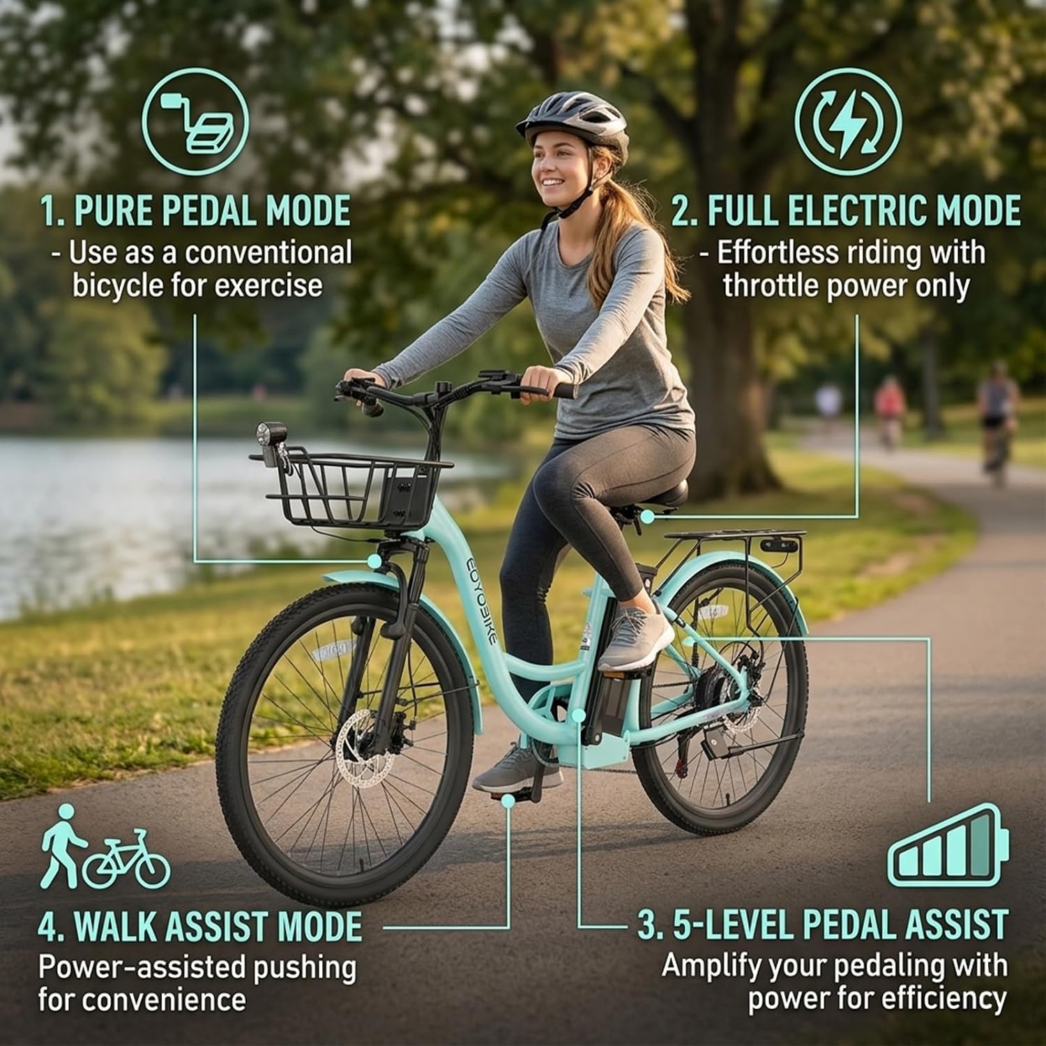 MOONCOOL Electric Bike for Adults, 700W Peak Power 7 Speed Step Through Electric Cruiser Bike, 40 Miles Electric Bicycle with 36V 10.4Ah Battery, Aluminum Frame City Commuter E Bikes for Women, Men