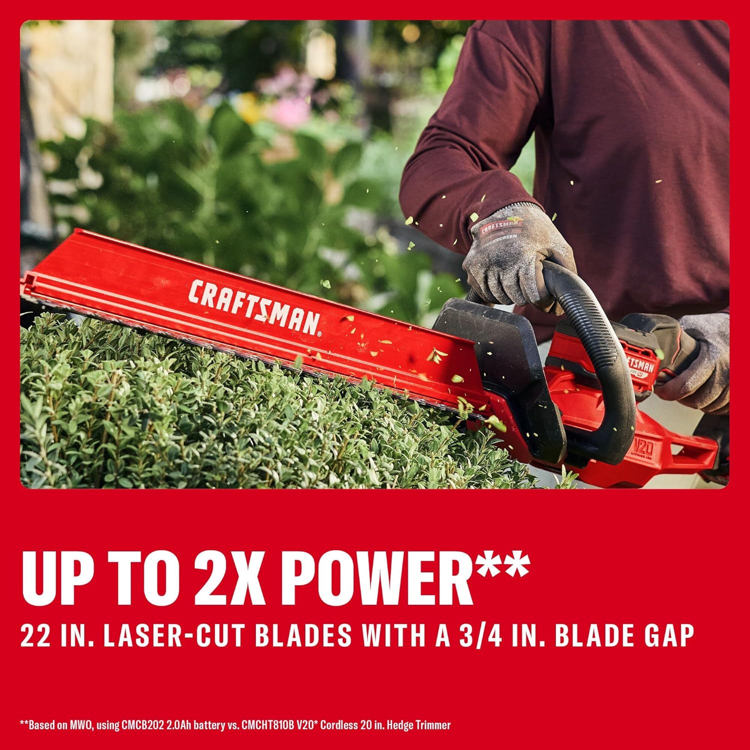 CRAFTSMAN V20 22 in. Hedge Trimmer Cordless with 2Ah Battery and Charger, Lightweight Brushless RP Bush Trimmer with Hedge Sweep Attachment, Longer Runtime, Up to 2X More Power (CMCHT830D1)