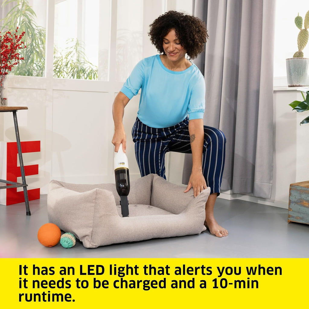 Kärcher CVH 2 Handheld Vacuum Cleaner, Double Filtration System incl. a HEPA 12 Filter, 2-in-1 Crevice Nozzle, Cordless, Weighs only 1.4 pounds, USB Charger