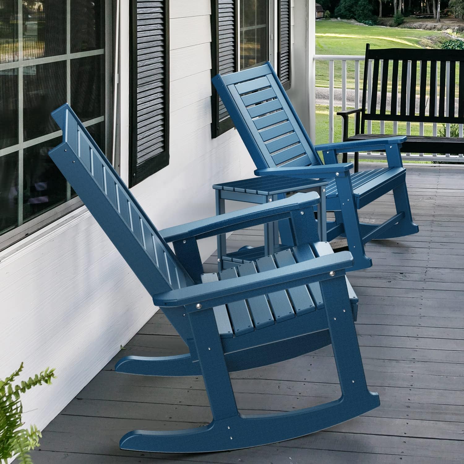 GREENVINES Outdoor Rocking Chairs | Set of 2 | Porch Rocker | HDPE Plastic | Blue | Oversized Rockers | High Back | Big & Tall | Ladder Back | for Patio Outside Backyard Balcony Garden