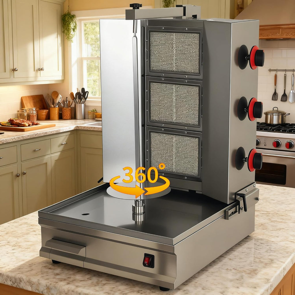 Turkey & Shawarma Oven Rotisserie Kebab Machine Infrared Burner, Automatic Rotation and Adjustable Distance, 3 Propane Controls Up to 750°F,Vertical Skewers, Stainless Steel