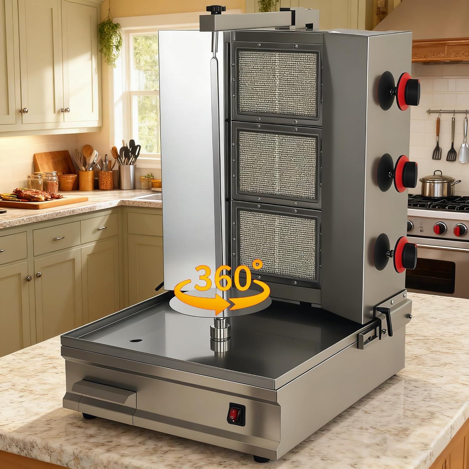 Turkey & Shawarma Oven Rotisserie Kebab Machine Infrared Burner, Automatic Rotation and Adjustable Distance, 3 Propane Controls Up to 750°F,Vertical Skewers, Stainless Steel