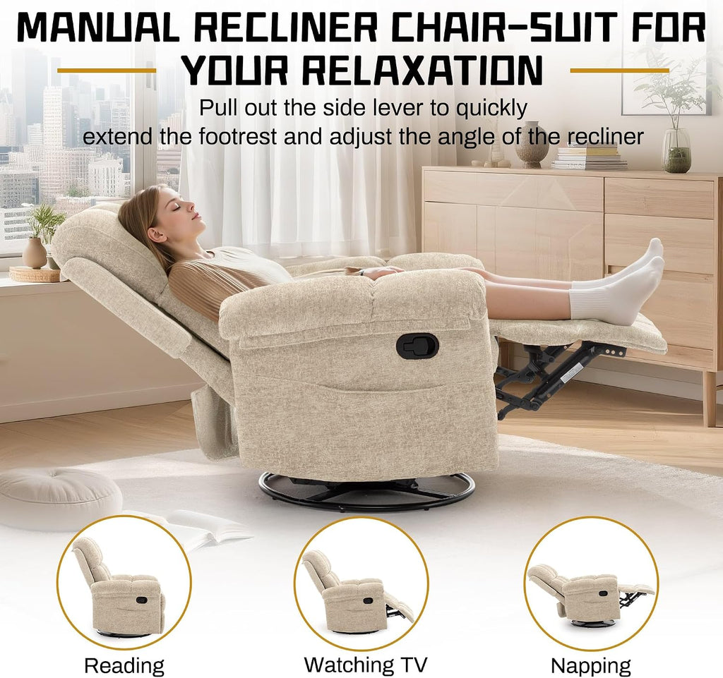 Korser Recliner Chair, Small Rocker Recliner Chair for Adults, Swivel Recliners for Small Spaces, Manual Recliner, Upholstered Nursery Rocking Chair for Living Room, Chenille, Khaki