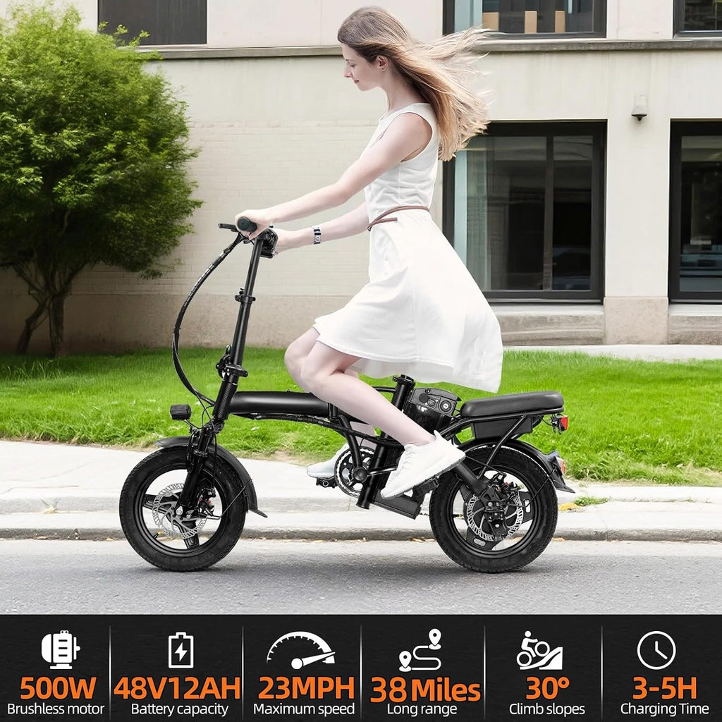 Foldable Electric Bike for Adults，23MPH & 38Miles Long Range Electric Bicycles，500W Motor 48V/12Ah Battery，14' Folding Mini ebikes for Teens，3-Speed & PAS Mode， Commuter City Certified E-Bike