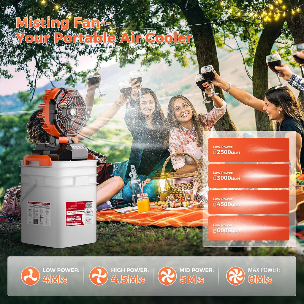 Portable Misting Fan with Bucket, 30000mAh Rechargeable Battery Powered Floor Cooling Fan with 4 Strong Winds, 4 Spray Mister, Adjustable Base for 10-13in Bucket for Camping, Beach, Patio-Orange