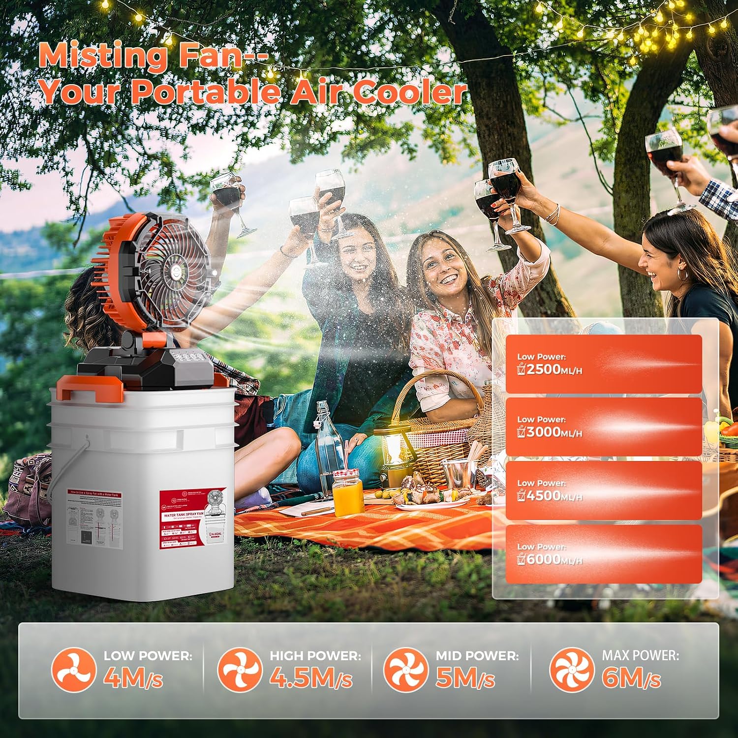Portable Misting Fan with Bucket, 30000mAh Rechargeable Battery Powered Floor Cooling Fan with 4 Strong Winds, 4 Spray Mister, Adjustable Base for 10-13in Bucket for Camping, Beach, Patio-Orange