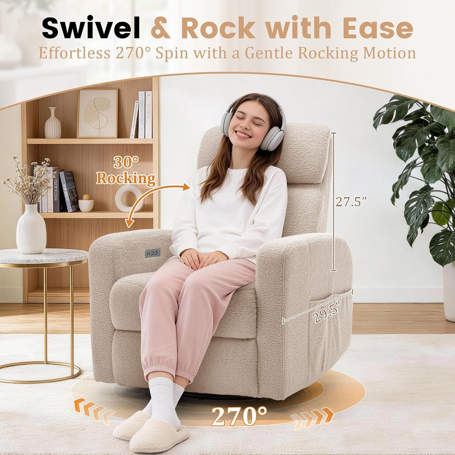 Korser Power Swivel Recliner Chairs for Adults, Electric Glider Rocking Chair Nursery, Glider Recliner Nursery Chair with Classified Side Pocket, Nursery Rocking Chairs with USB and Type-C Ports