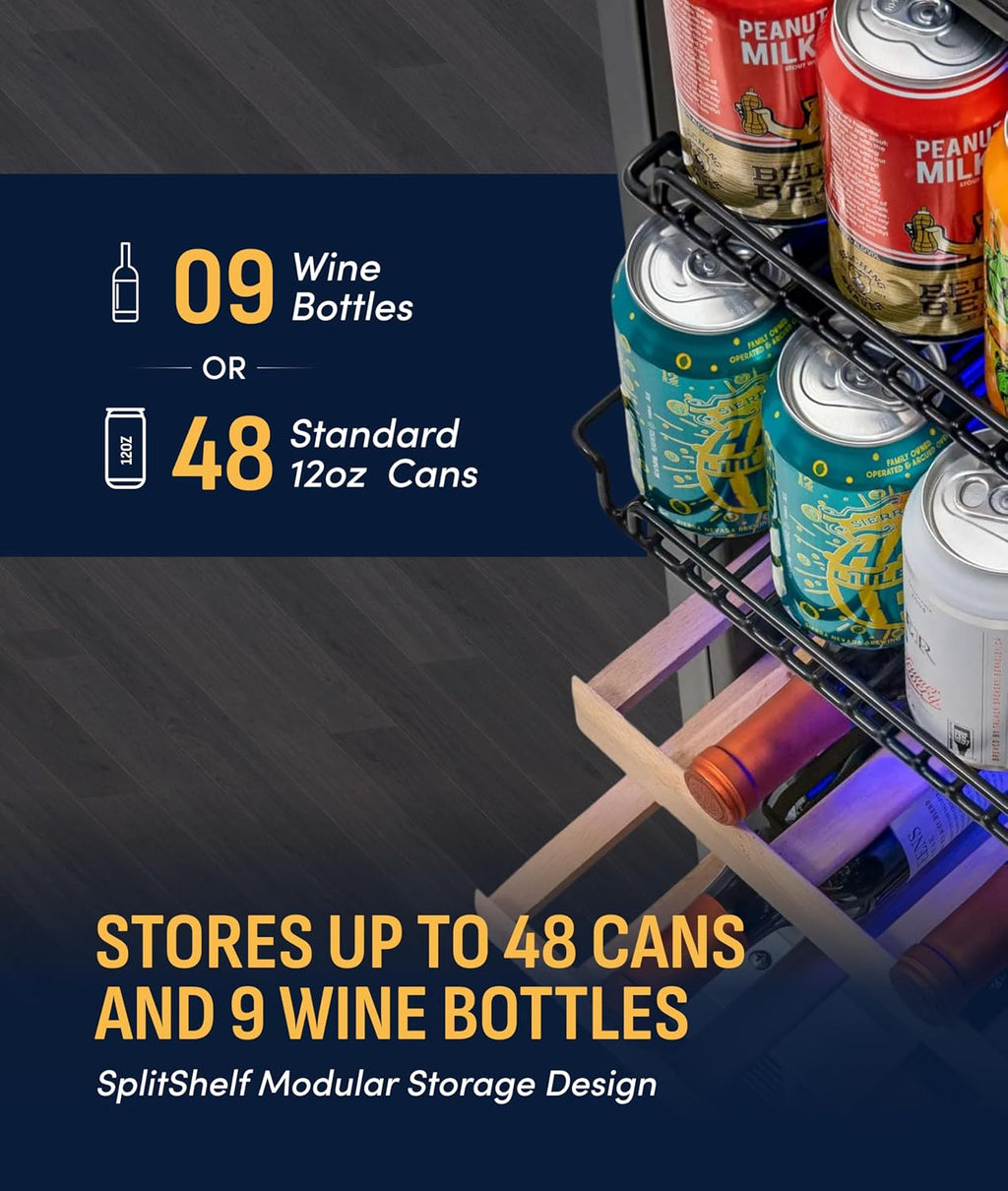 NewAir 15' Dual Zone Beverage Refrigerator & Wine Cooler for 9 Bottles & 48 Cans | Freestanding or Built-In Under Counter Mini Fridge for Beer, Wine and Soda | Stainless Steel