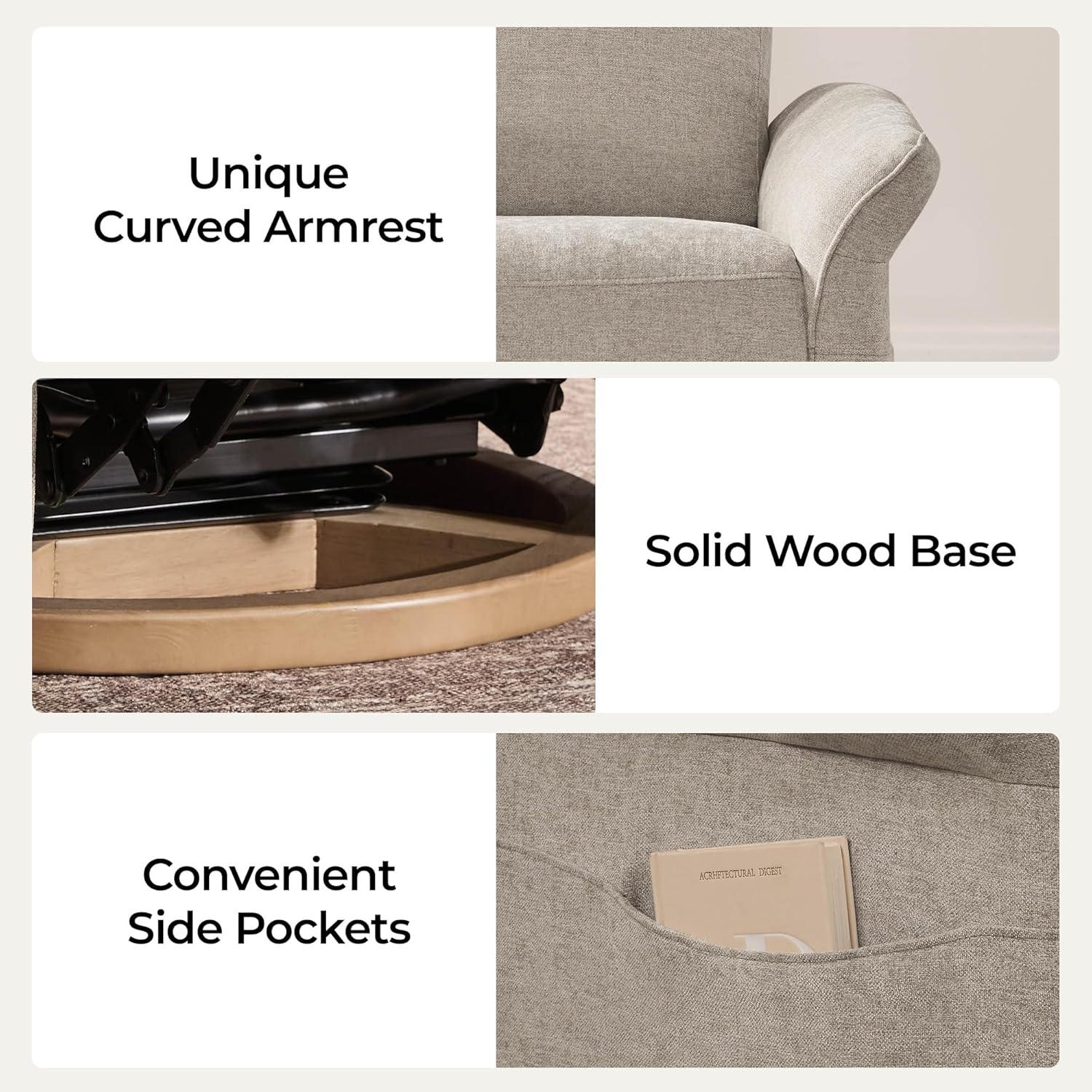 CHITA Power Recliner Chair, Electric Triple-Motor Swivel Glider Nursery Rocking Chair with Adjustable Power Headrest and Lumbar Support, GREENGARD Gold Certified, Solid Wood Base, Khaki Grey