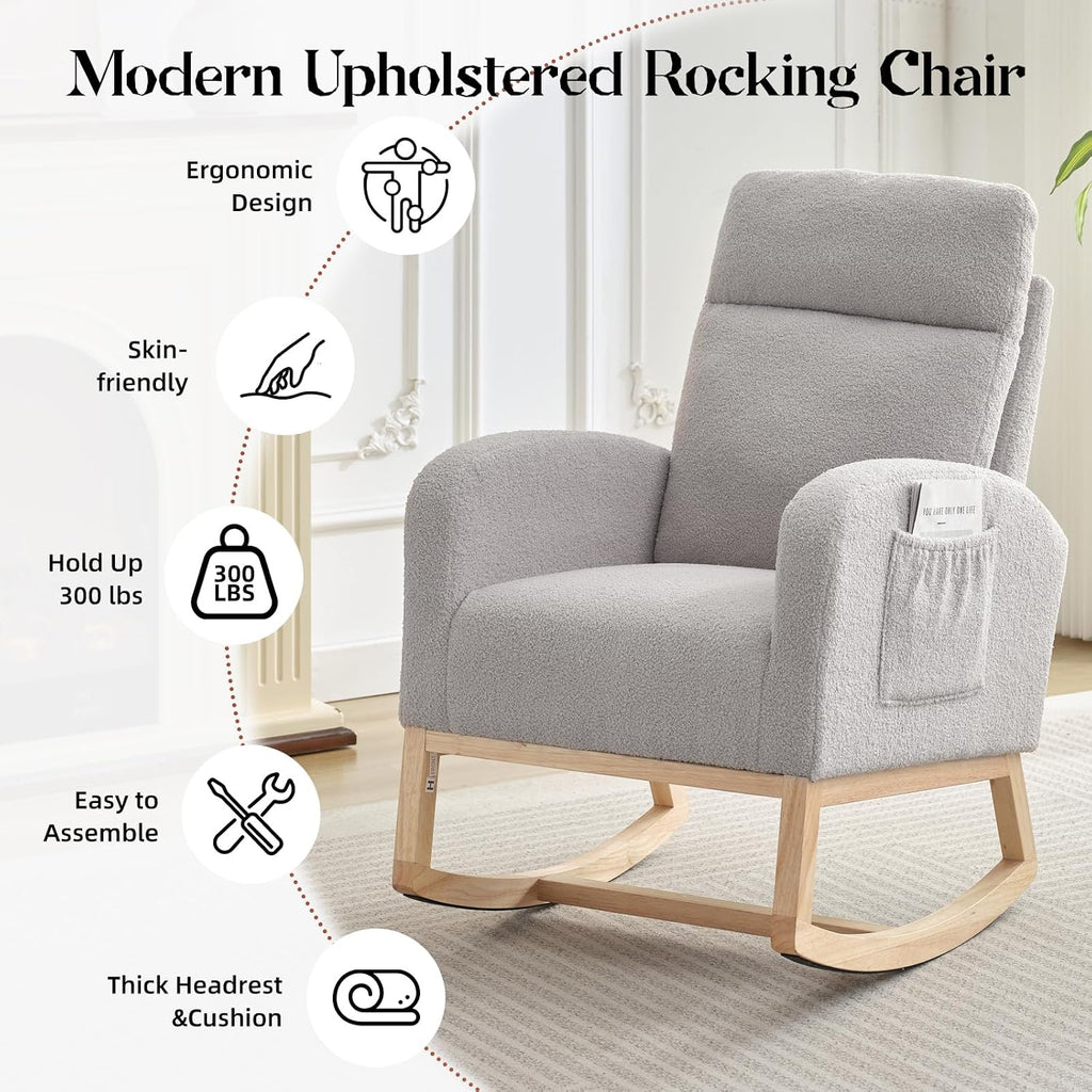 GAOMON Rocking Chair Glider for Nursery, Comfy Rocker Nursery with Side Pocket & High Backrest, Baby Rocking Chair for Breastfeeding, Upholstered Rocker & Living Room, Light Gray