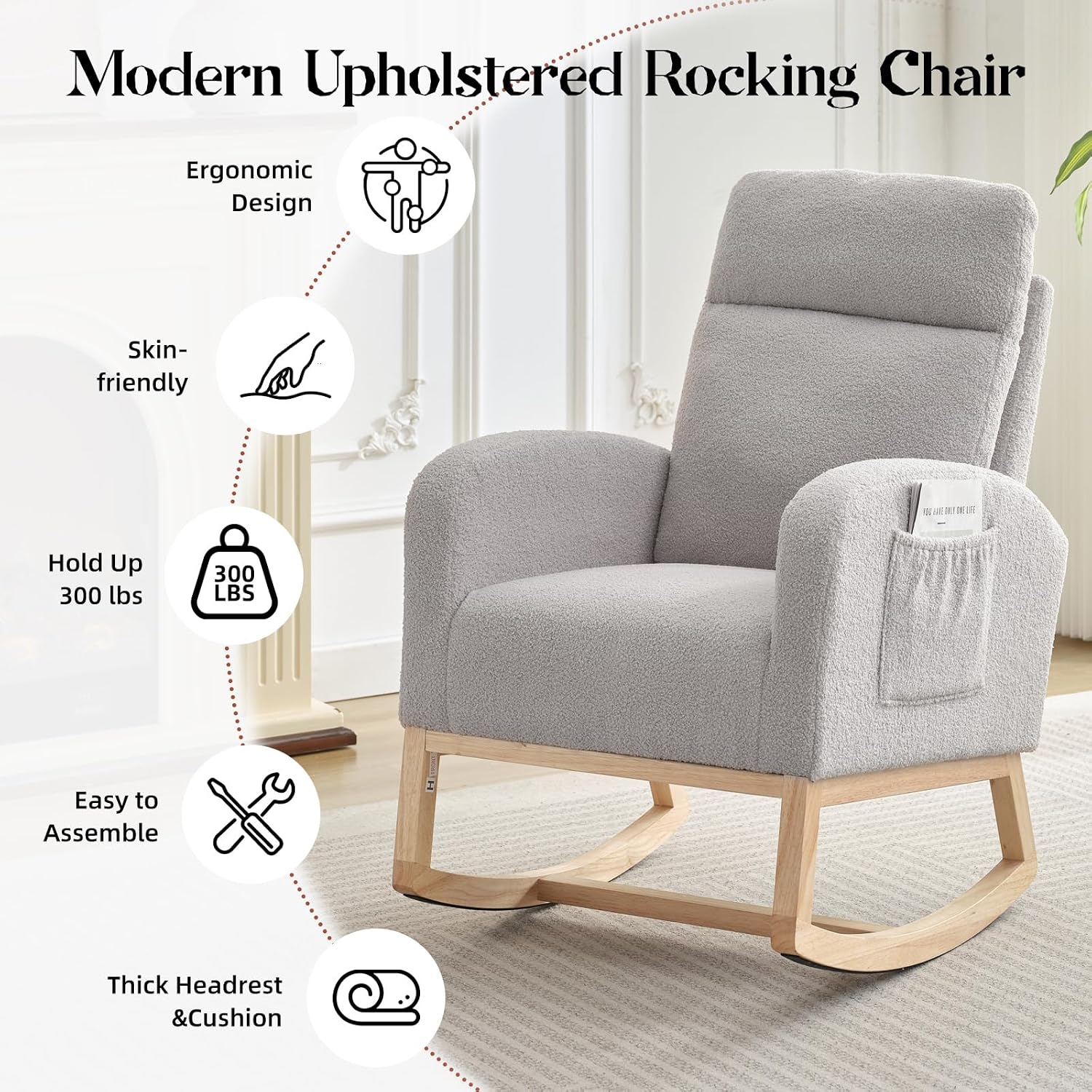 GAOMON Rocking Chair Glider for Nursery, Comfy Rocker Nursery with Side Pocket & High Backrest, Baby Rocking Chair for Breastfeeding, Upholstered Rocker & Living Room, Light Gray