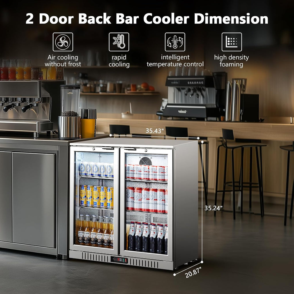 BODEGA BODEGACOOLER Back Bar Cooler With 2 Glass Doors,7.4 Cu.Ft Stainless Steel Commercial Back Bar Fridgewith LED Lighting,Counter Height Bar Beverage Cooler for Beer,Soda Drinks,Wine