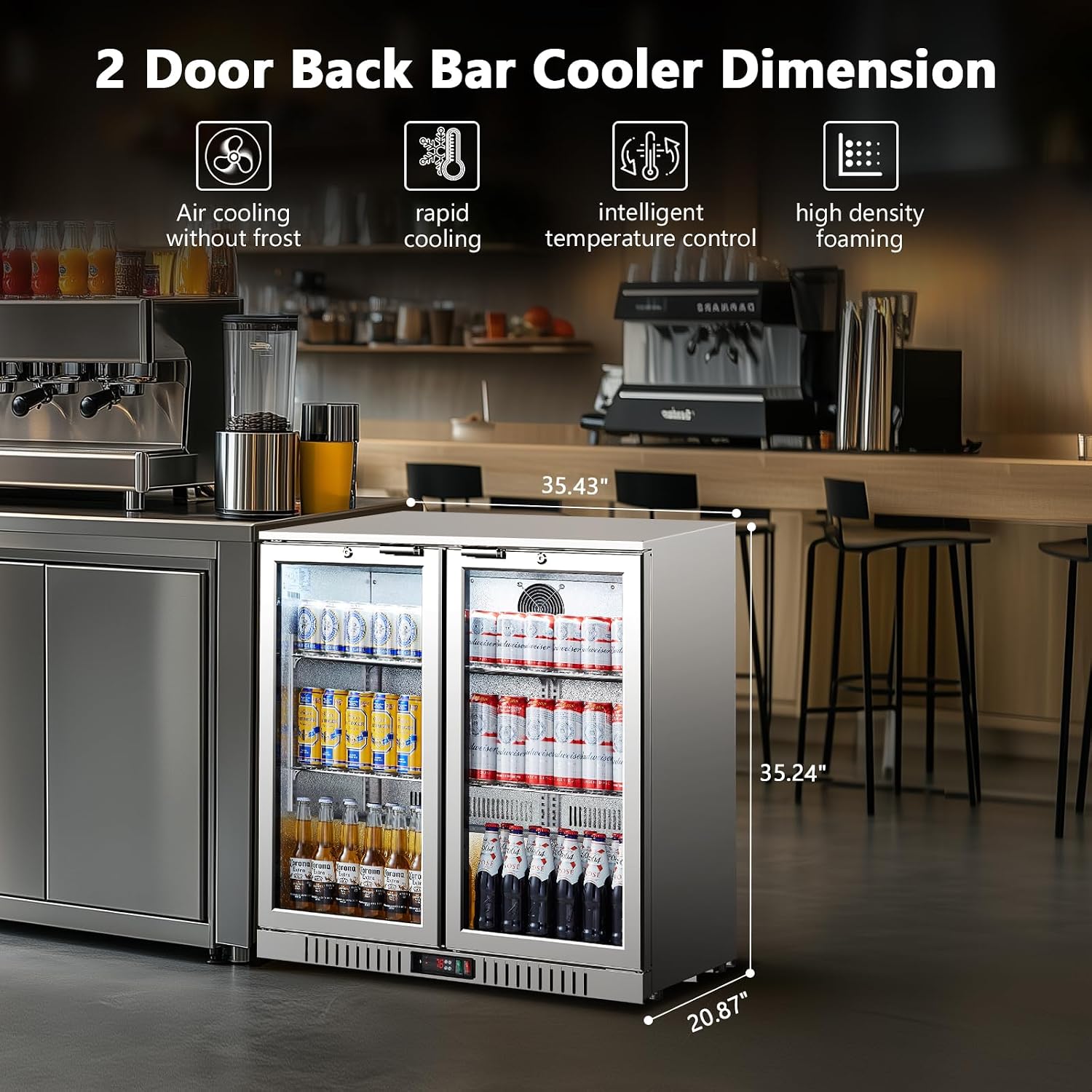 BODEGA BODEGACOOLER Back Bar Cooler With 2 Glass Doors,7.4 Cu.Ft Stainless Steel Commercial Back Bar Fridgewith LED Lighting,Counter Height Bar Beverage Cooler for Beer,Soda Drinks,Wine