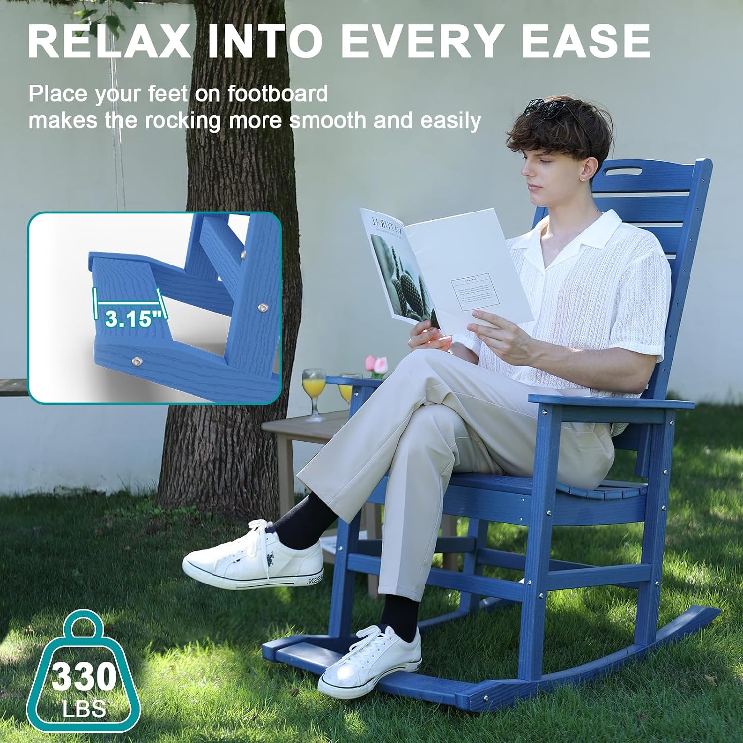 PLUUV Outdoor Rocking Chair with Removable Footboard for Adults, HDPE High Back Patio Rocking Chairs, 330lbs All Weather Porch Rocking Chairs for Outdoor & Indoor -Navy Blue