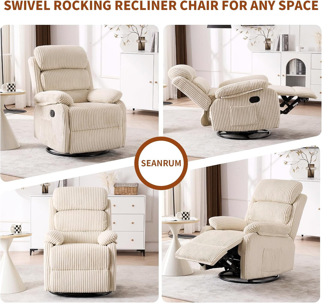 Adult 360° Rocking Recliner Chair，Nursery Rocker Reclining Chair with Side Pocket, a Comfy upholstered Single Sofa Armchair. Suitable for Living Room, Bedroom Nursing use, Velvet Fabric in Beige