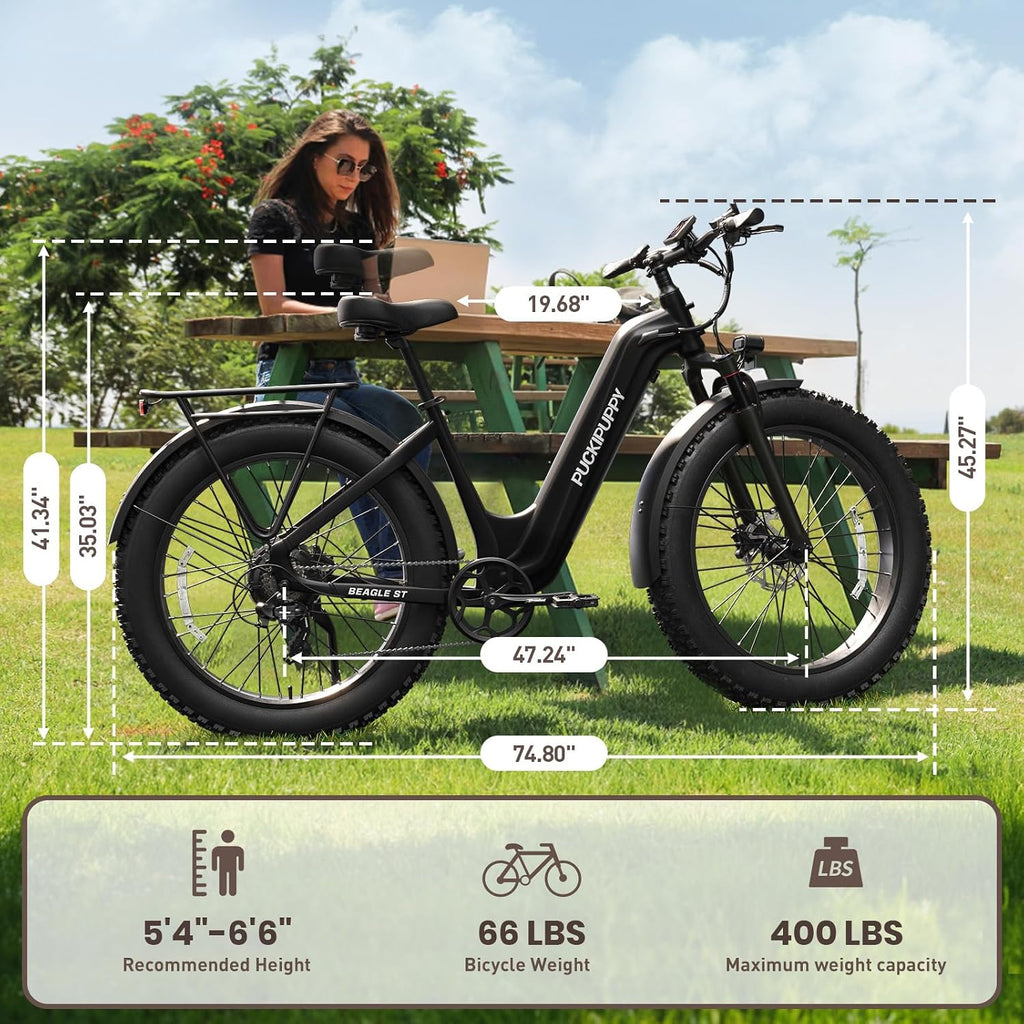 PUCKIPUPPY Electric Bike for Adults 500W, Step-Through Design, 26' Fat Tire Electric Mountain Hunting Bike, 48V 15AH Max 20MPH Off-Road Ebike with Rear Storage Shelf