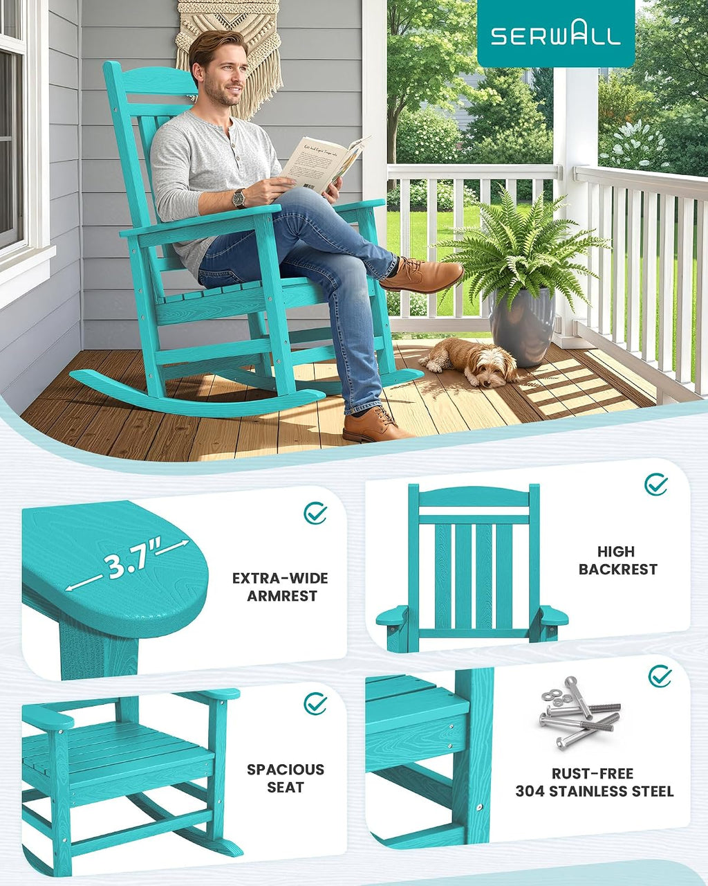 SERWALL Oversized HDPE Outdoor Rocking Chair Set of 2, Patio Rocking Chairs, All-Weather Porch Rockers for Adults, Aruba Blue