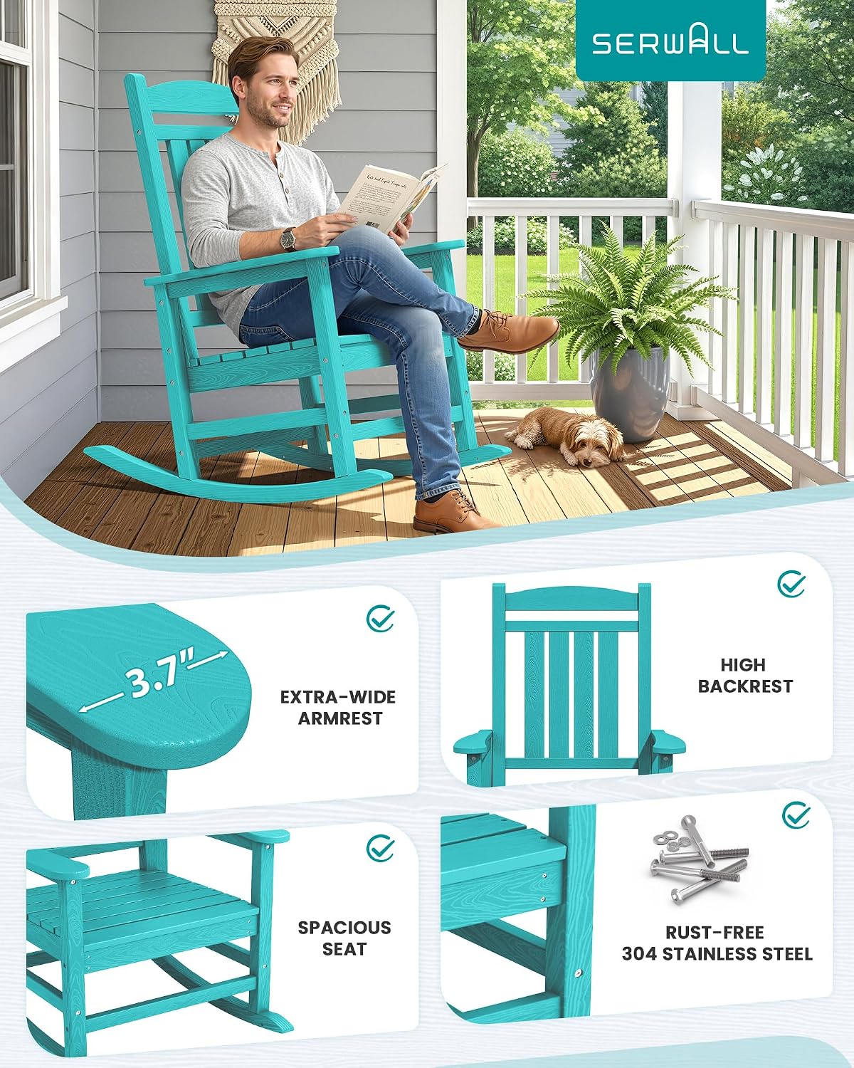 SERWALL Oversized HDPE Outdoor Rocking Chair Set of 2, Patio Rocking Chairs, All-Weather Porch Rockers for Adults, Aruba Blue