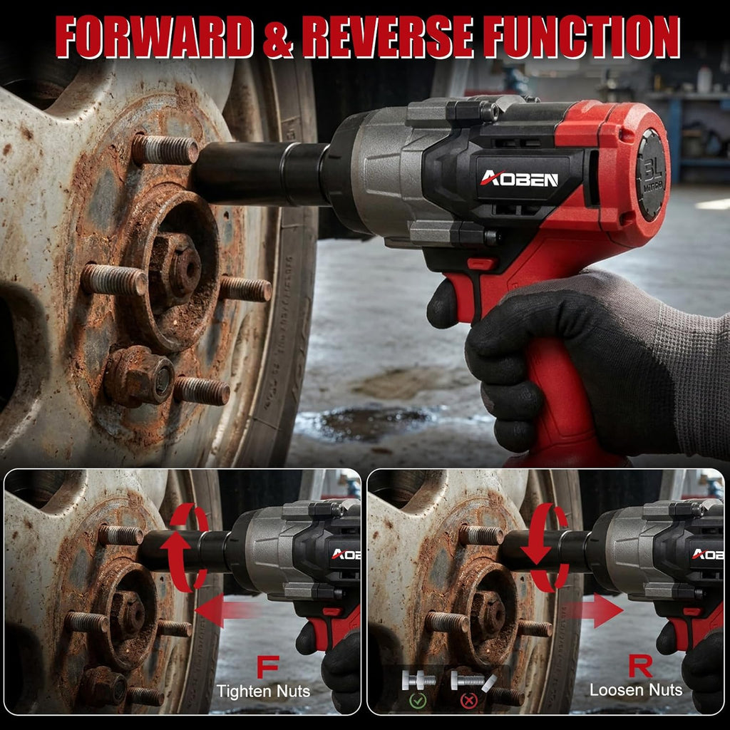 AOBEN 1500N.m Cordless Impact Wrench, 1/2' Heavy Duty Impact Gun, 3-Speed 2500RPM Power Torque for Truck & RV Lug Nuts, Rusted Bolts, 4.0Ah Battery & Fast Charger, 6 Sockets & Carry Case