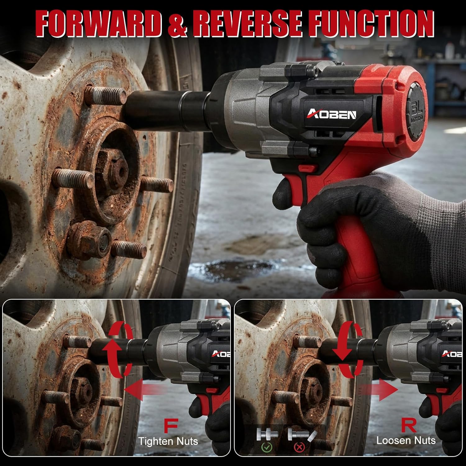 AOBEN 1500N.m Cordless Impact Wrench, 1/2' Heavy Duty Impact Gun, 3-Speed 2500RPM Power Torque for Truck & RV Lug Nuts, Rusted Bolts, 4.0Ah Battery & Fast Charger, 6 Sockets & Carry Case