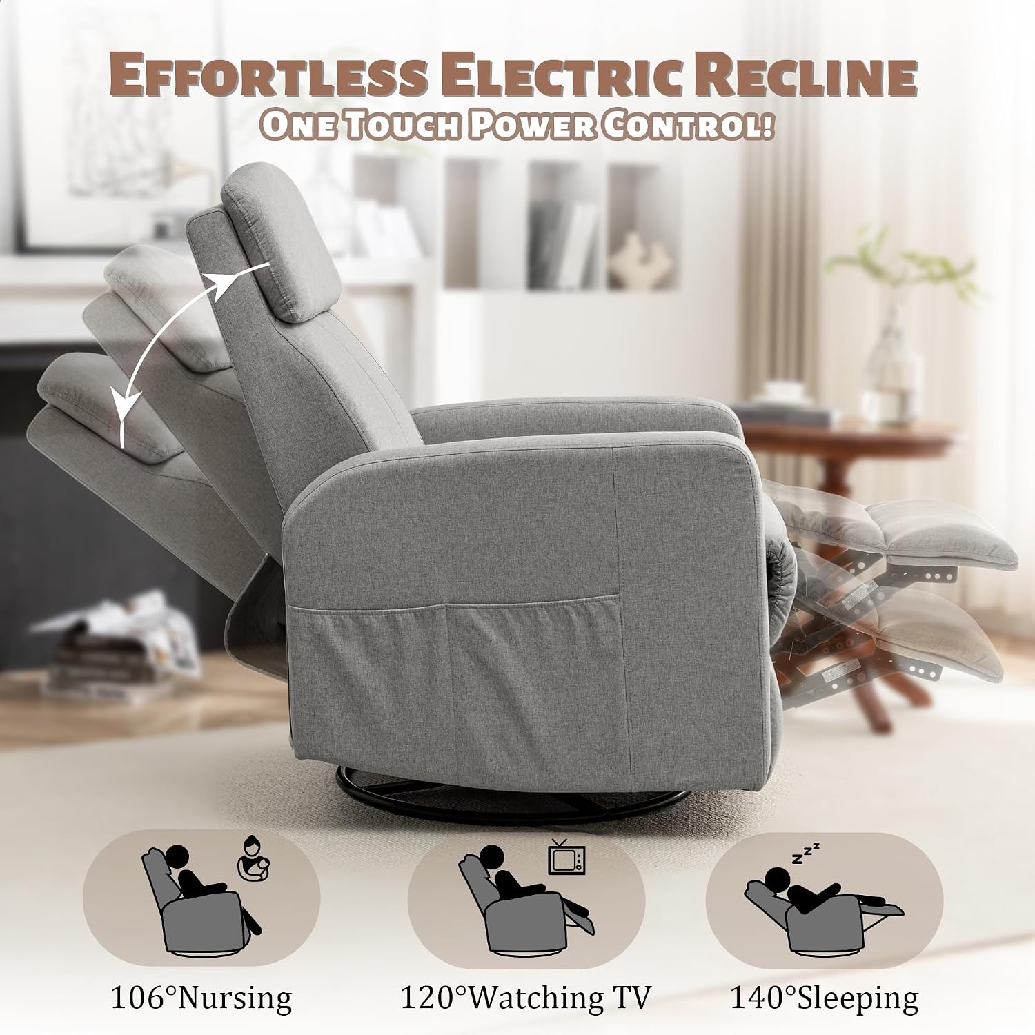 Korser Power Swivel Recliner Chairs for Adults, Electric Glider Rocking Chair Nursery, Glider Recliner Nursery Chair with Classified Side Pocket, Nursery Rocking Chairs with USB and Type-C Ports