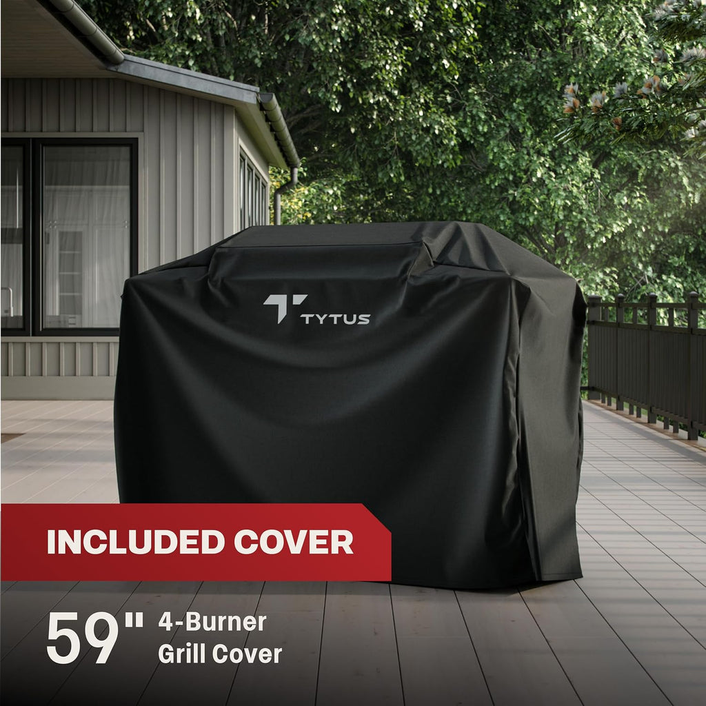 TYTUS Anaheim 5-Burner Propane Gas Grill Outdoor Cooking with Cover, 48,000 BTU Grill & 12,000 BTU Side Burner, 721 sq. in. Cooking Area, Enclosed Storage, Porcelain-Enameled Cast Iron Grates