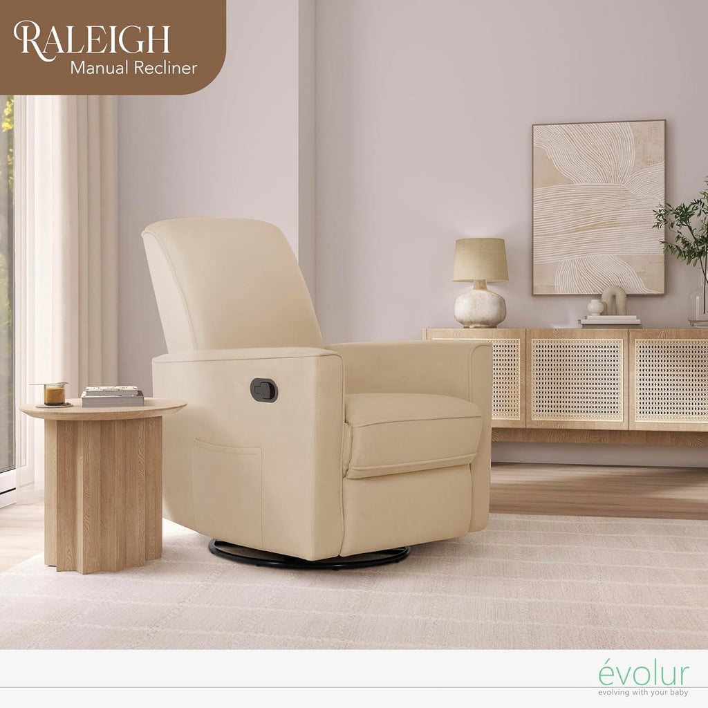 Evolur Raleigh Upholstered Manual Glider Recliner– Rocking & 360° Swivel with Smooth Glide – Greenguard Gold & FSC Certified – Modern Nursery and Living Room Chair in Tan