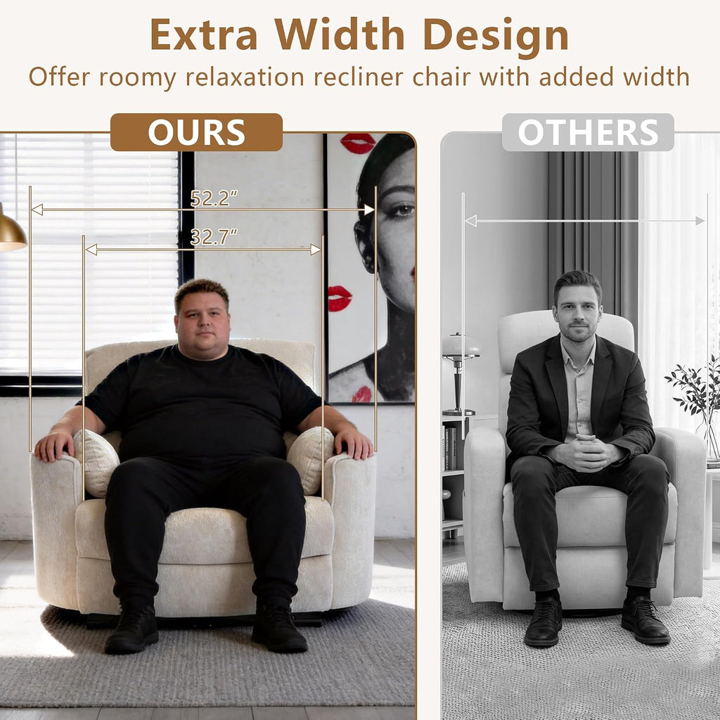 450lbs Oversized Power Recliner Chair for Big and Tall Adults, 52' Extra Wide Electric Recliner with USB & Type-C Ports, Chenille Fabric Single Sofa Chair for Living Room & Bedroom, Beige