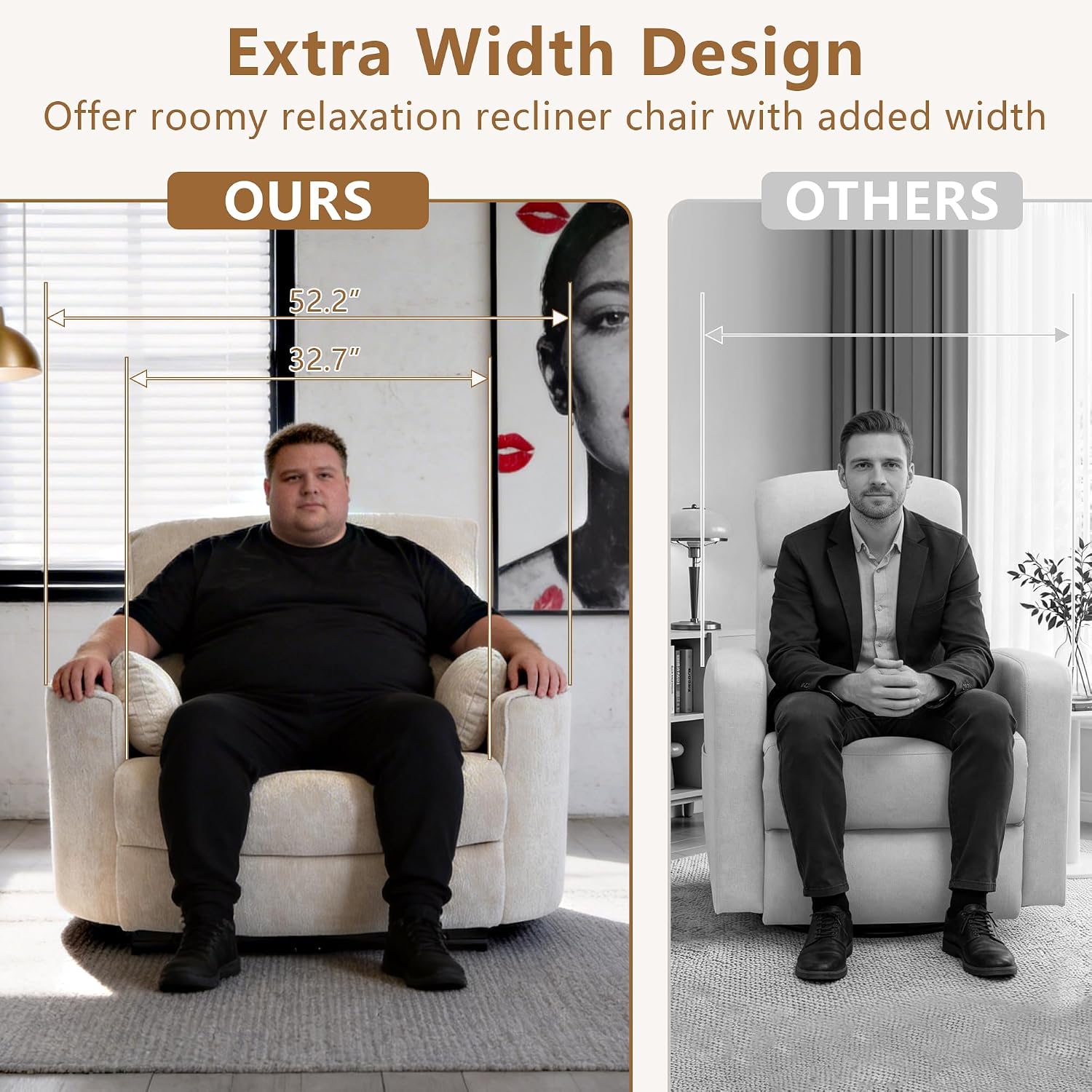 450lbs Oversized Power Recliner Chair for Big and Tall Adults, 52' Extra Wide Electric Recliner with USB & Type-C Ports, Chenille Fabric Single Sofa Chair for Living Room & Bedroom, Beige