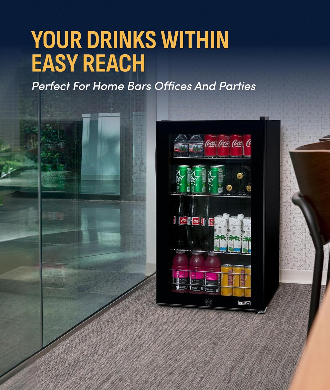 NewAir 126 Can Beverage Refrigerator | Freestanding Small Mini Fridge for Bedroom with Glass Door | Drink Cooler with Adjustable Shelves, Quiet Cooling & Locking Door | Black