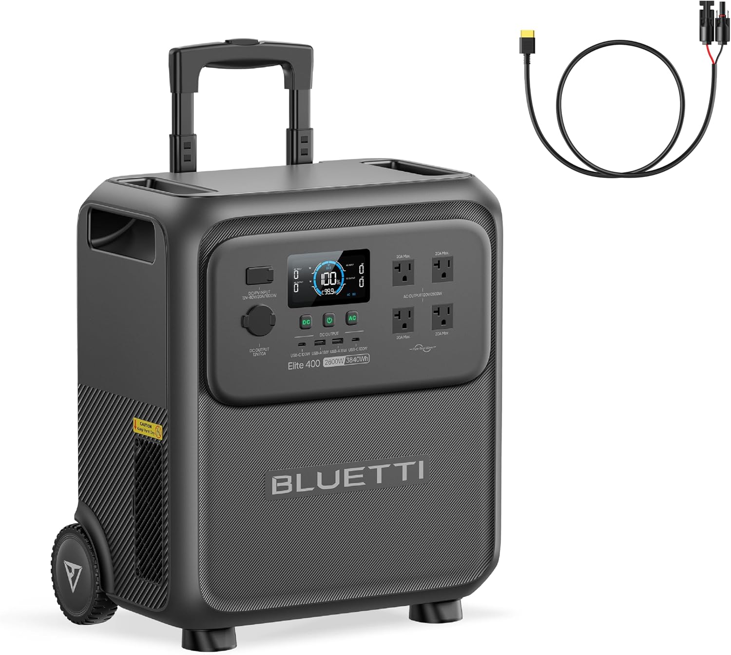 BLUETTI Elite 400 Solar Generator and Solar Charging Cable, 3840Wh LFP Batttery Backup with 2600W AC Outlets, High Capacity Portable Power Station with Wheels for Home Backup, Outage, Camping