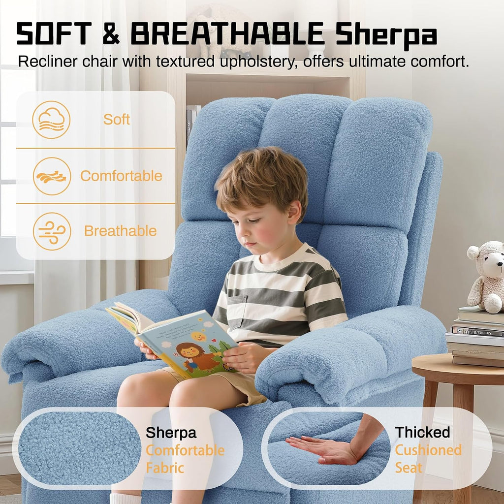 Korser Recliner Chair, Swivel Rocker Recliner Chair for Adults, Small Recliners for Small Spaces, Manual Recliner with Side Pockets, Upholstered Nursery Rocking Chair for Living Room, Sherpa, Blue