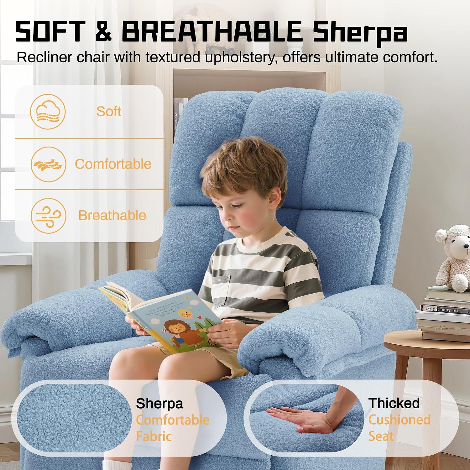 Korser Recliner Chair, Swivel Rocker Recliner Chair for Adults, Small Recliners for Small Spaces, Manual Recliner with Side Pockets, Upholstered Nursery Rocking Chair for Living Room, Sherpa, Blue
