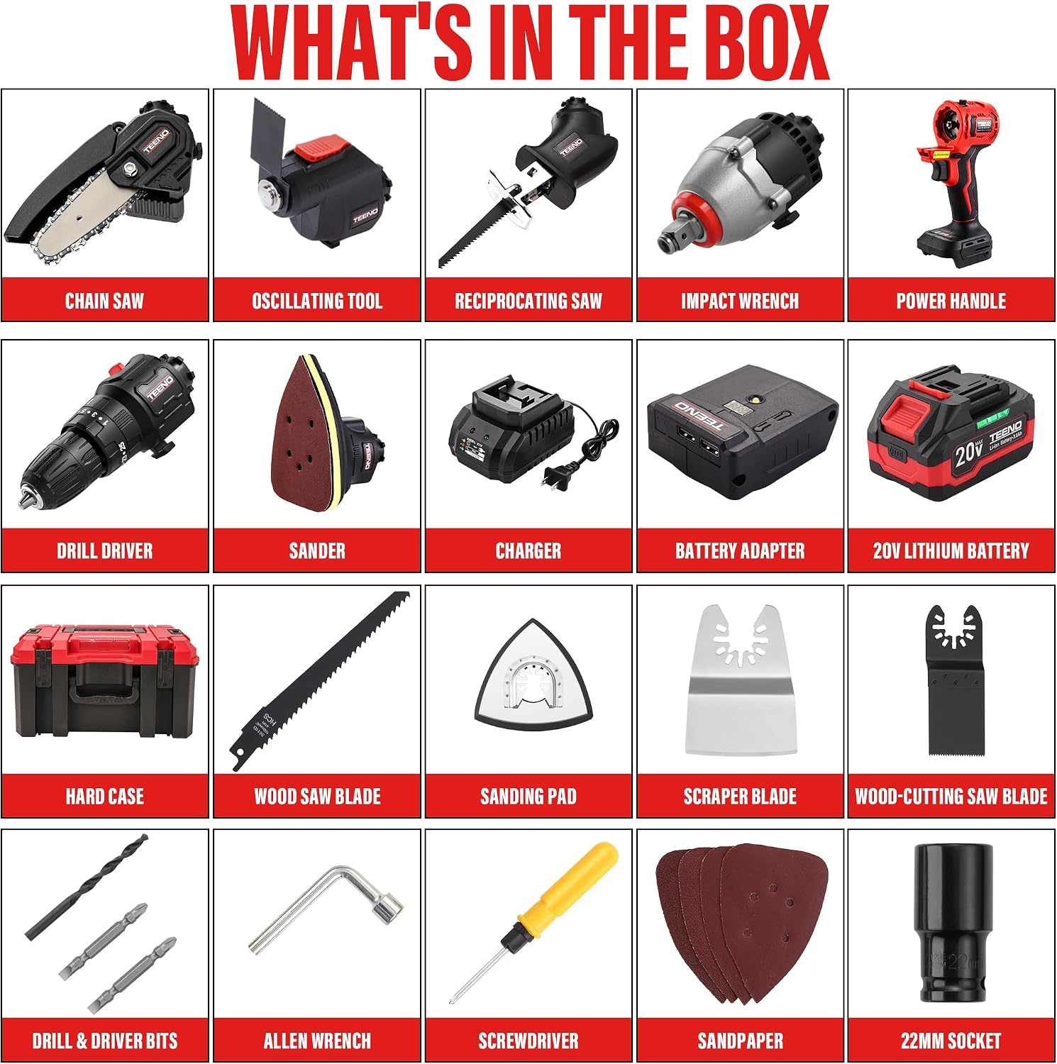 TEENO Brushless Power Tool Combo Kit, 6-in-1 Cordless Interchangeable Multi-Tool Set (Drill, Impact Wrench, Oscillating Tool, Reciprocating & Chain Saws, Sander), 3Ah Battery, USB Adapter & Hard Case