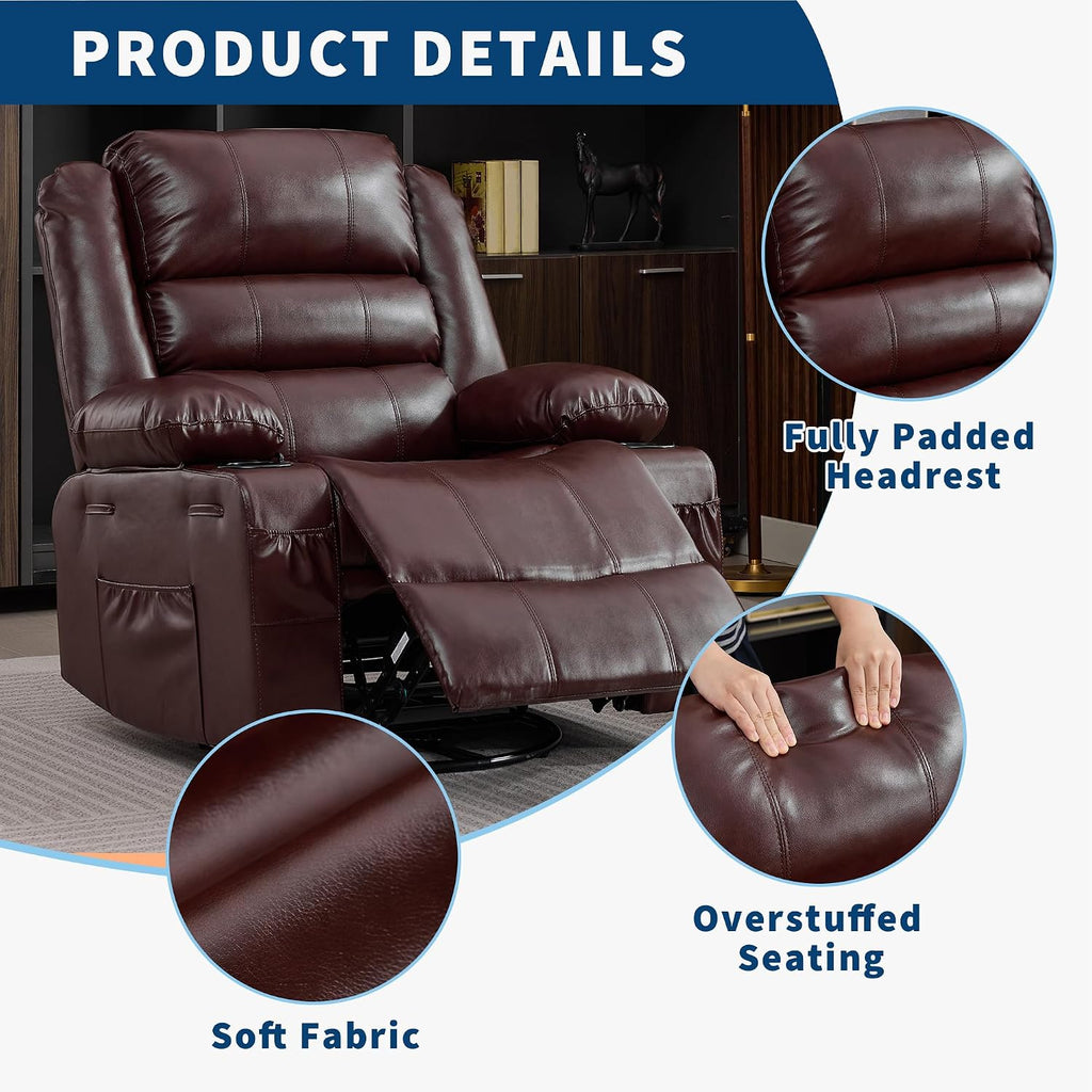 Garvee Rocking Recliner Chair for Adults 360° Swivel Rocker Recliner with Cup Holder Wide Nursery Glider with Upholstered Deep Seat PU Leather Comfy Single Sofa for Living Room Coffee