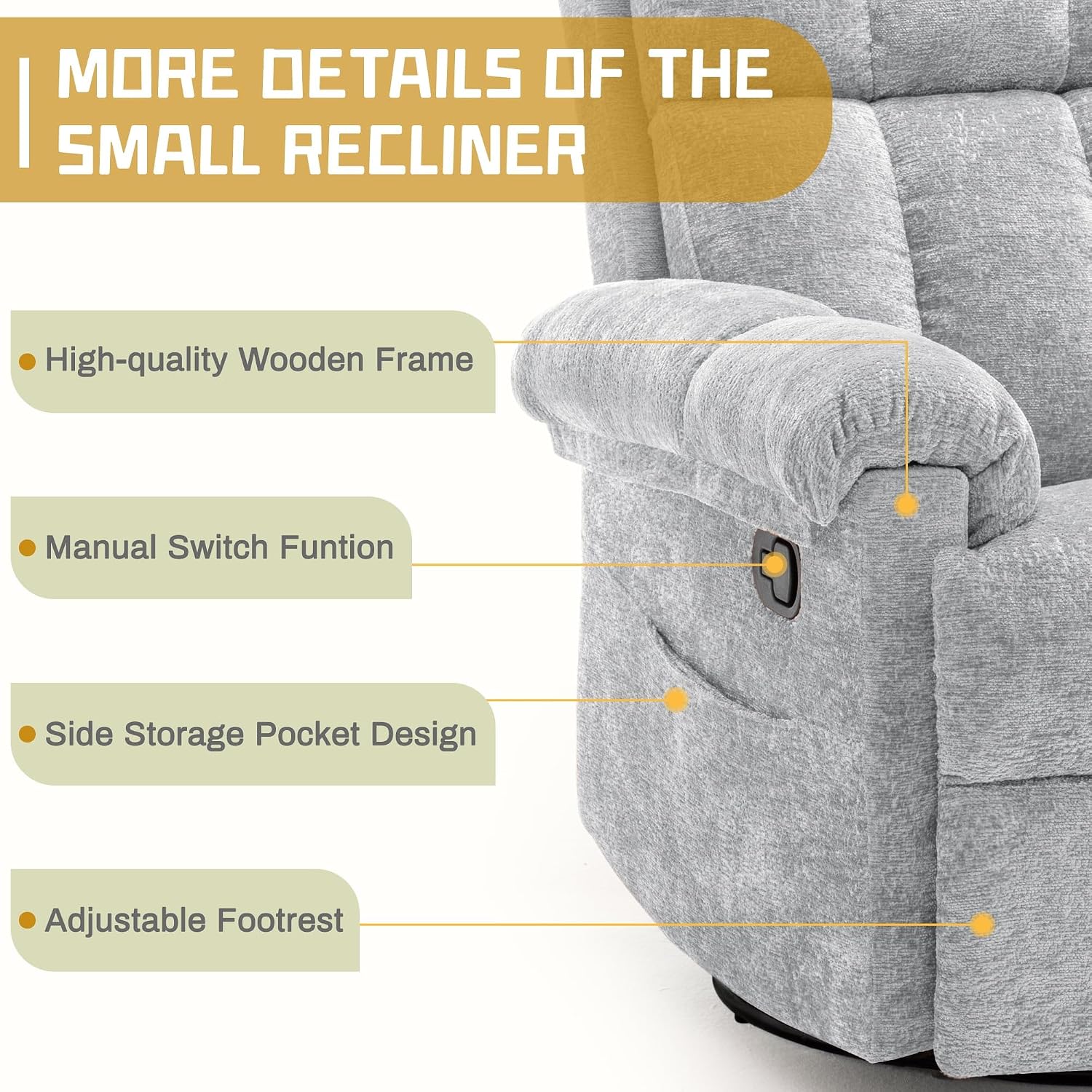 Korser Recliner Chair, Swivel Rocker Recliner Chair for Adults, Small Recliners for Small Spaces, Manual Recliner Chair with Side Pockets, Nursery Rocking Chair for Living Room, Chenille, Silver Grey