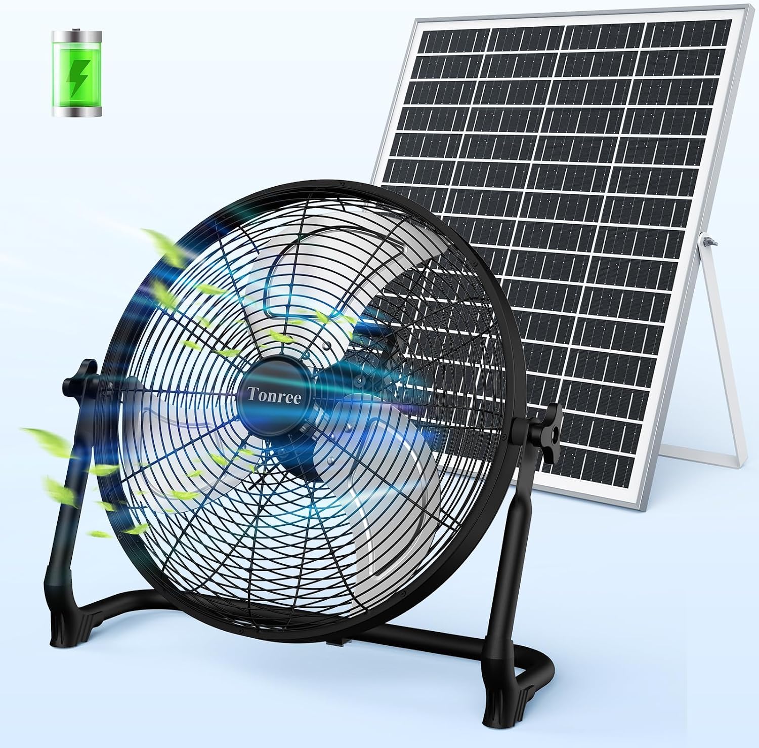 18' Portable Battery Operated Solar Fan, Rechargeable Floor Fan, Hi-Velocity Cordless Camping Fan, USB Phone Charge, 12-60H Runtime, Quiet, Wireless, For Travel Shed Outdoor Home Garage Tent Car Barn