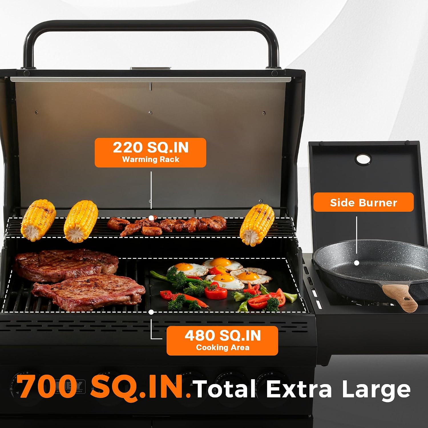 4 Burner Propane Gas Grill with 1 Side Burner, 50,000 BTU Outdoor BBQ Grill, Heavy-Duty Steel Construction, Cast Iron Cooking Grates & Griddle, Backyard Patio Barbecue