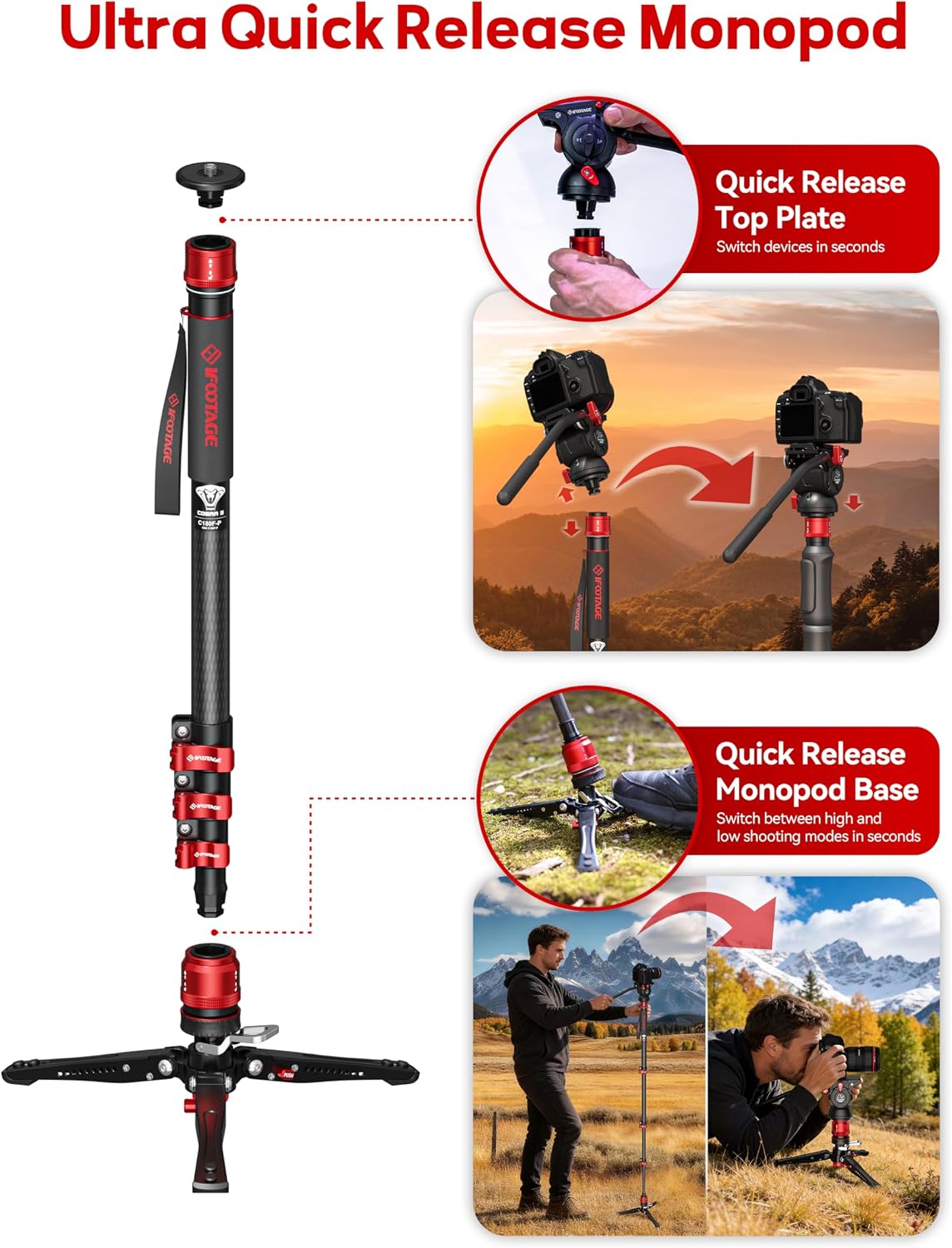 IFOOTAGE Monopod Cobra 3 C180F-P, 71' Monopod for Camera Carbon Fiber Travel Monopod with Feet, 1/4'' & 3/8'' Quick Release Compatible with Sony Canon Nikon DSLR Camera, Payload 17.6Lb