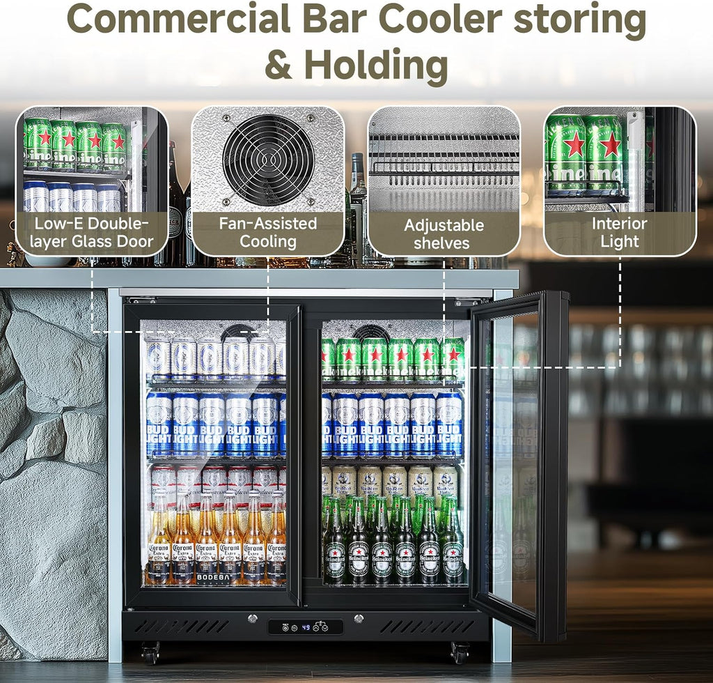 BODEGACOOLER Back Bar Cooler with 2 Glass Doors,7.7 Cu.ft Commercial Bar Beverage Refrigerator Under Counter LED Lighting for Soda Drinks,Beer,Wine with Stainless Steel Top,DOE Approved,4 Casters