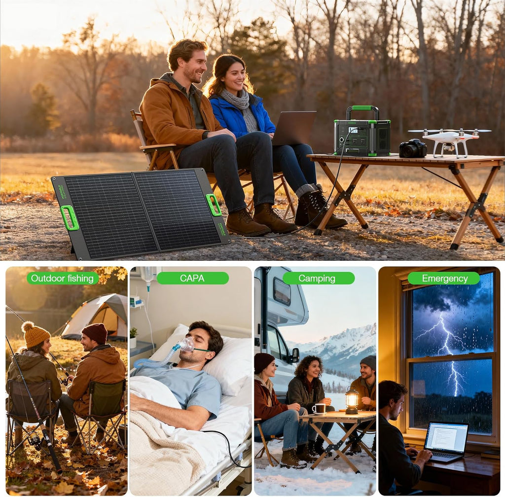 500W Solar Generator with 100W Foldable Solar Panel, Portable Power Station 500W AC Outlet, MC-4 Solar Battery Charger for Home Emergency, Camping, Road Trip, Van