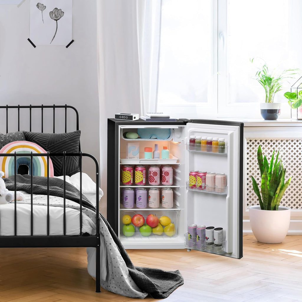 West Bend Mini Fridge for Bedroom, Office, Bar or College Dorm Room, Retro Compact Refrigerator features single door, removable glass shelves and adjustable temperature control, 3.0-Cu.Ft., Black