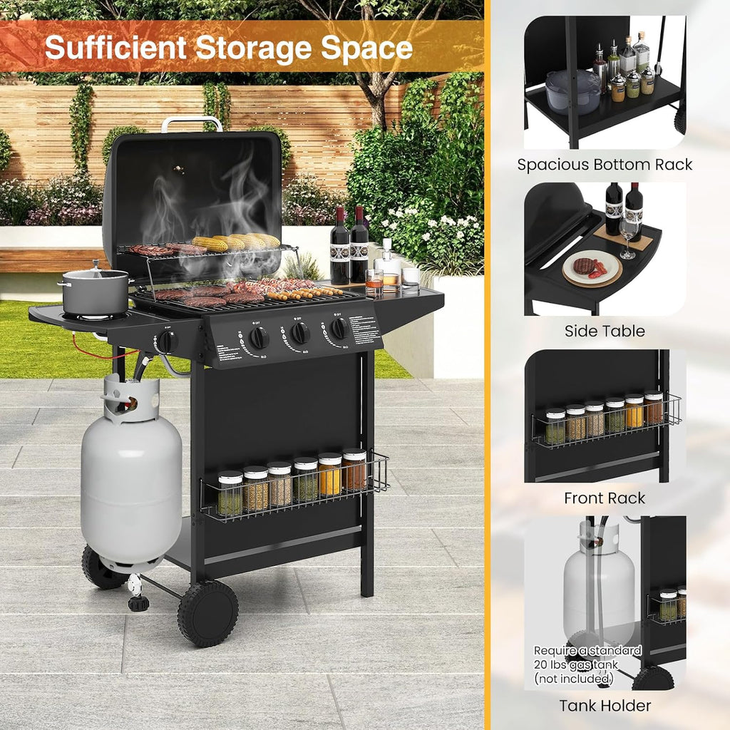 Happygrill 3 + 1 Burner Propane Gas Grill, 39,000 BTU Outdoor Cooking Grill w/Storage Shelves & Porcelain-Enameled Grates, Portable BBQ Grills on Wheels w/Thermometer for Backyard, Camping & Picnic