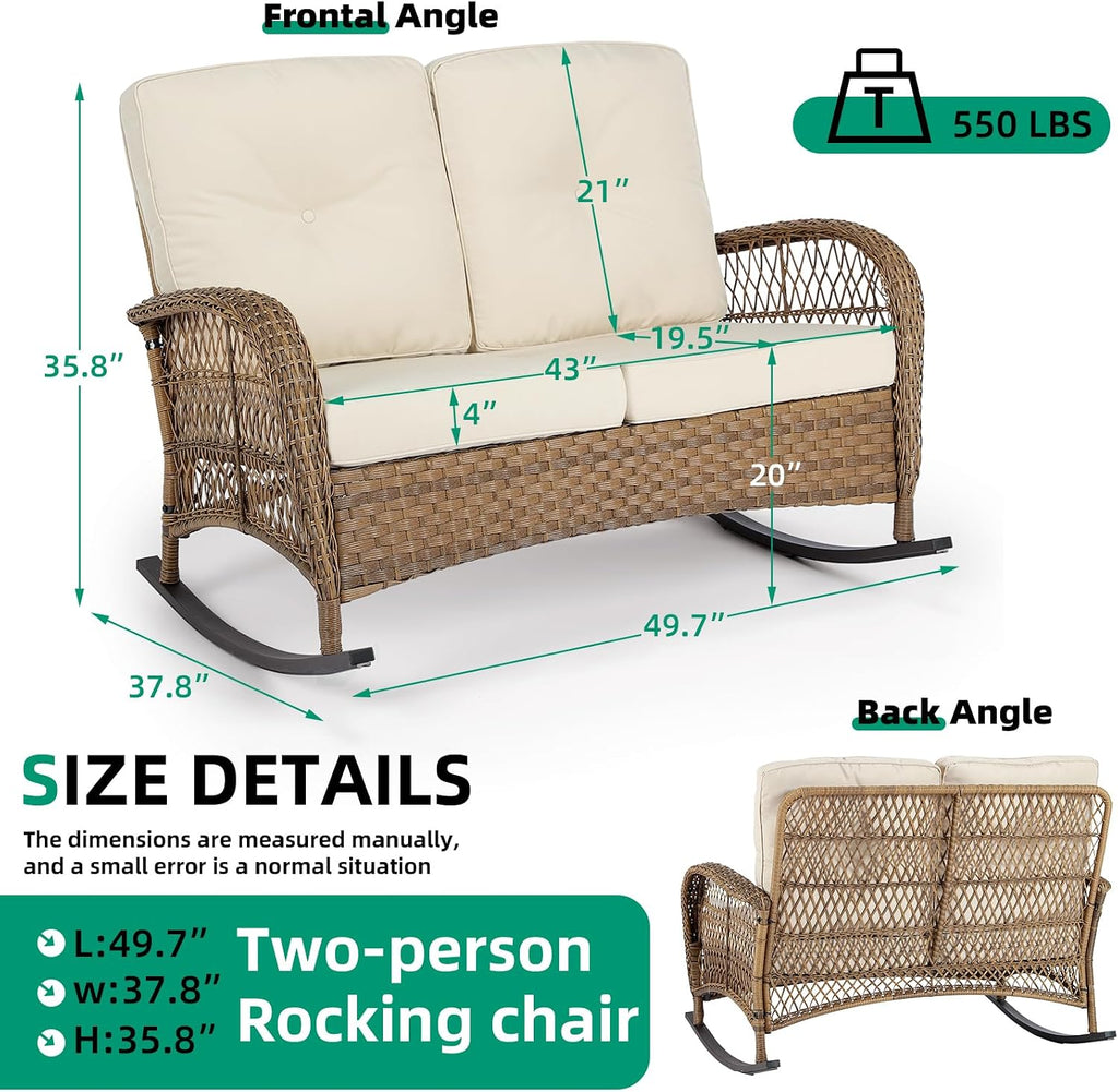 VIVIJASON Outdoor Wicker Loveseat Rocking Chair, 2-Person Patio Rattan Double Rocker Sofa with Thick Cushions, All-Weather Loveseat Rocker for Porch, Backyard & Garden