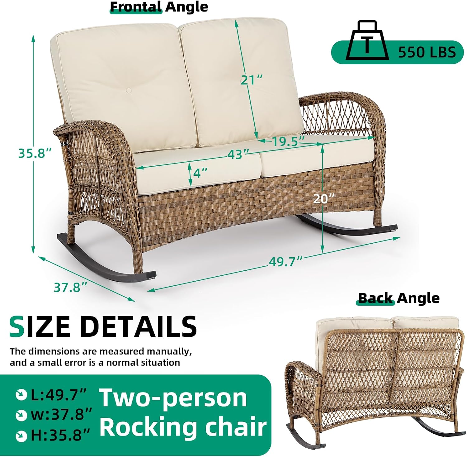 VIVIJASON Outdoor Wicker Loveseat Rocking Chair, 2-Person Patio Rattan Double Rocker Sofa with Thick Cushions, All-Weather Loveseat Rocker for Porch, Backyard & Garden