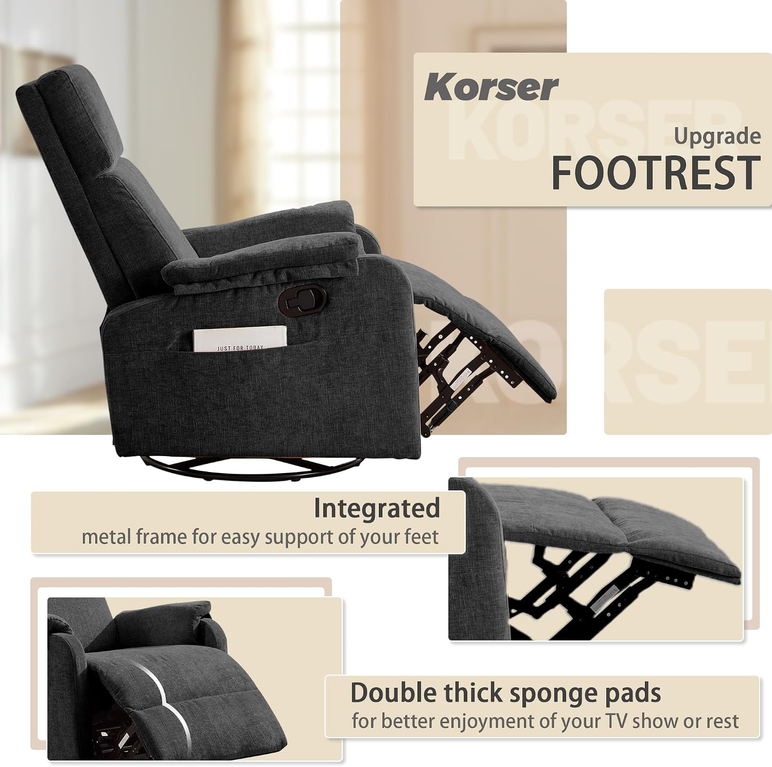 Korser Swivel Rocking Recliner with Massage, Small Glider Chair for Nursery, Modern-Designed Armrests Chair for Adults Living Room, Chenille, Black