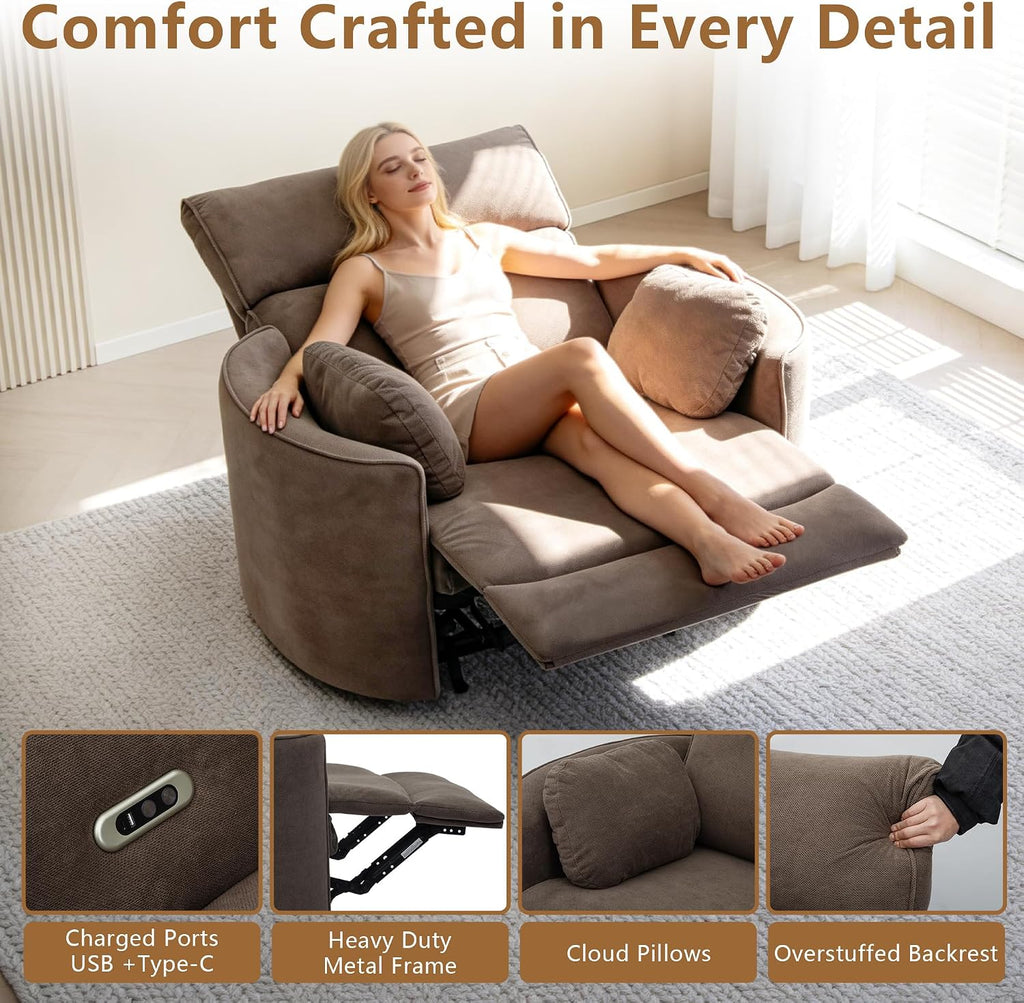 450lbs Oversized Power Recliner Chair for Big and Tall Adults, 52' Extra Wide Electric Recliner with USB & Type-C Ports, Chenille Fabric Single Sofa Chair for Living Room & Bedroom, Brown